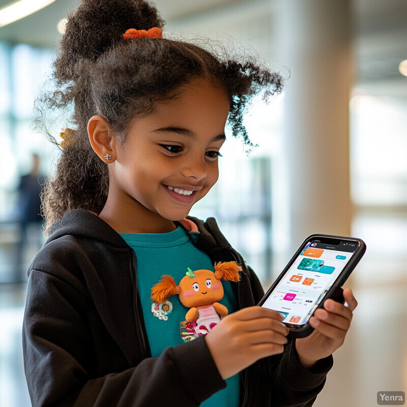 A young girl with curly hair is holding a cell phone and appears to be engaged in some form of digital activity.