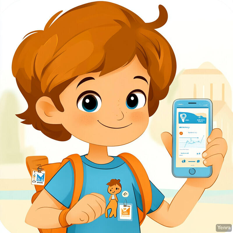 A young boy with an orange backpack and light blue cell phone in hand, possibly using an app or game while out in a cityscape or park area.