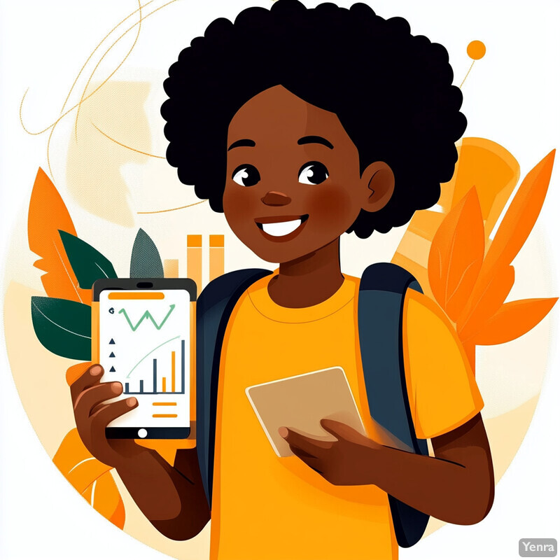 A cartoon-style illustration of a young boy with dark skin and curly black hair, holding a tablet and surrounded by leaves.