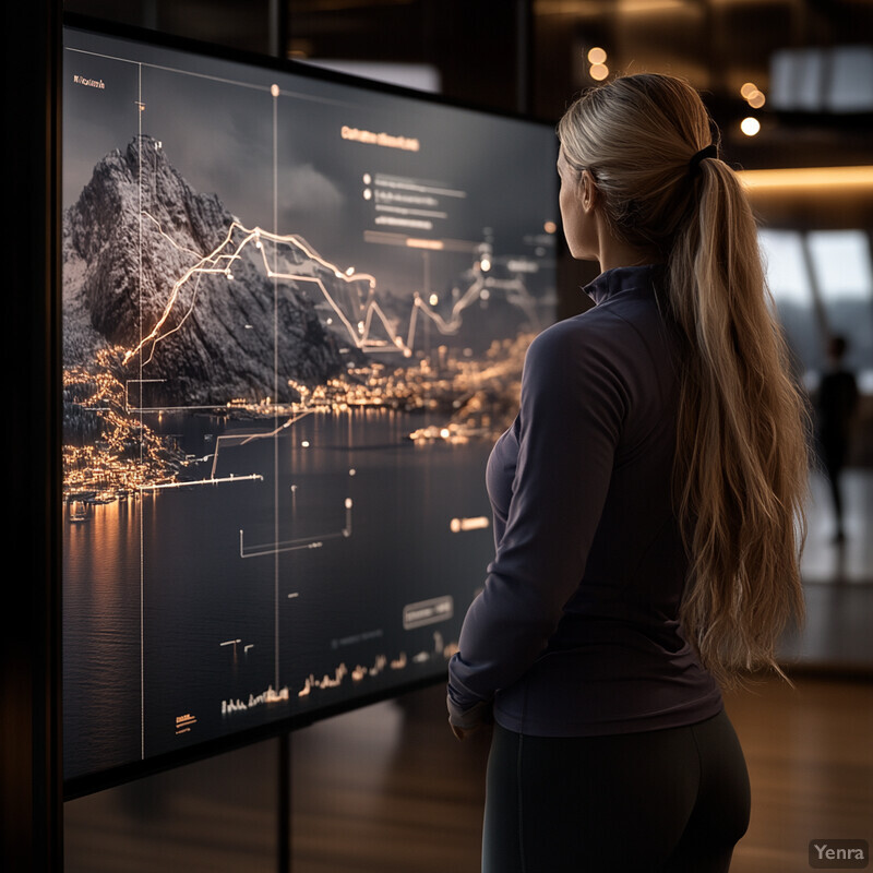 A woman stands in front of a large screen displaying a mountainous landscape with a lake and town below, accompanied by various graphs and charts.