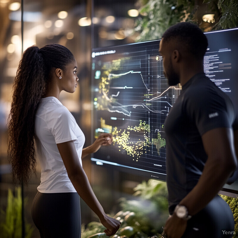 Two individuals analyzing data on a large screen in an office or meeting room setting.