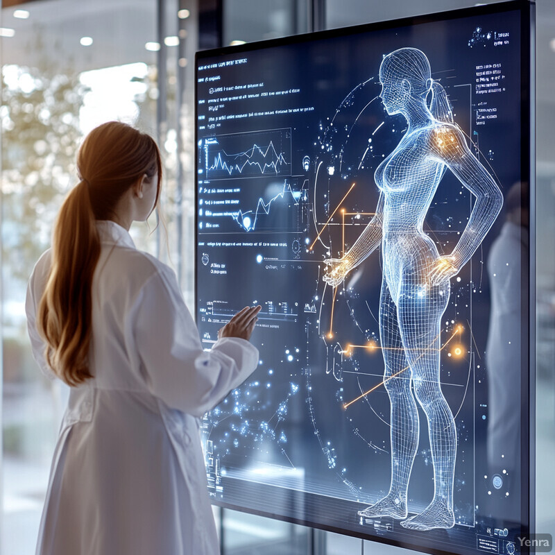 A woman in a white lab coat stands in front of a large screen displaying medical data and a wireframe model of the human body.