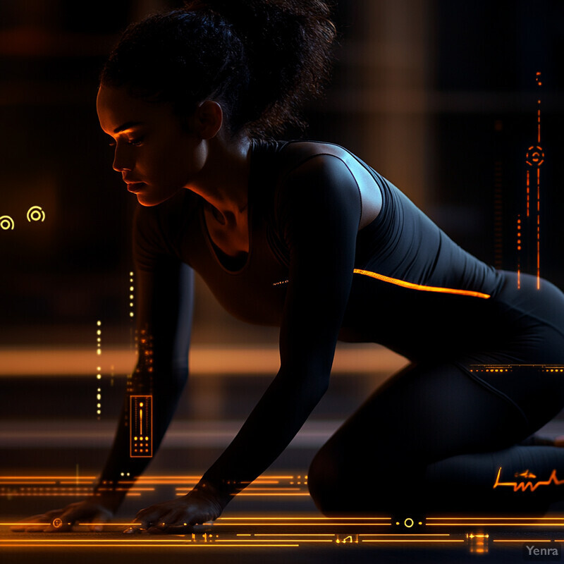 A woman in athletic attire, likely preparing to sprint or run, with various orange lines and symbols superimposed over the image.