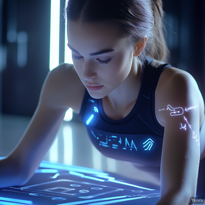 A woman in a futuristic setting, surrounded by glowing blue lines and symbols on her body.