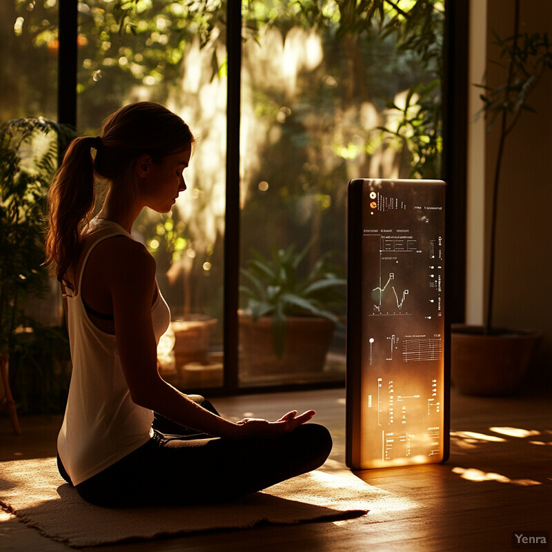 A woman is sitting on a yoga mat in a room filled with natural light, surrounded by plants and trees visible through large windows.