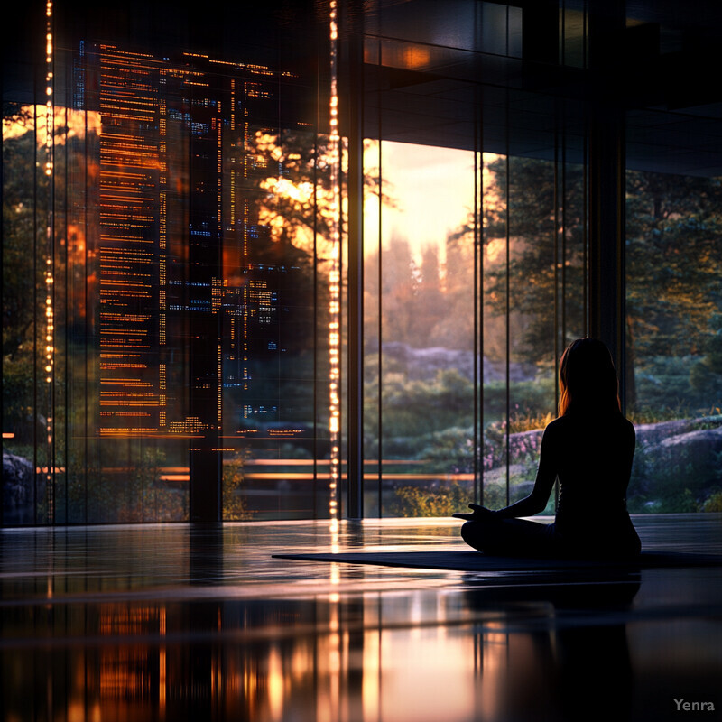 A woman sitting cross-legged on a yoga mat in an outdoor garden surrounded by lush greenery and vibrant flowers.