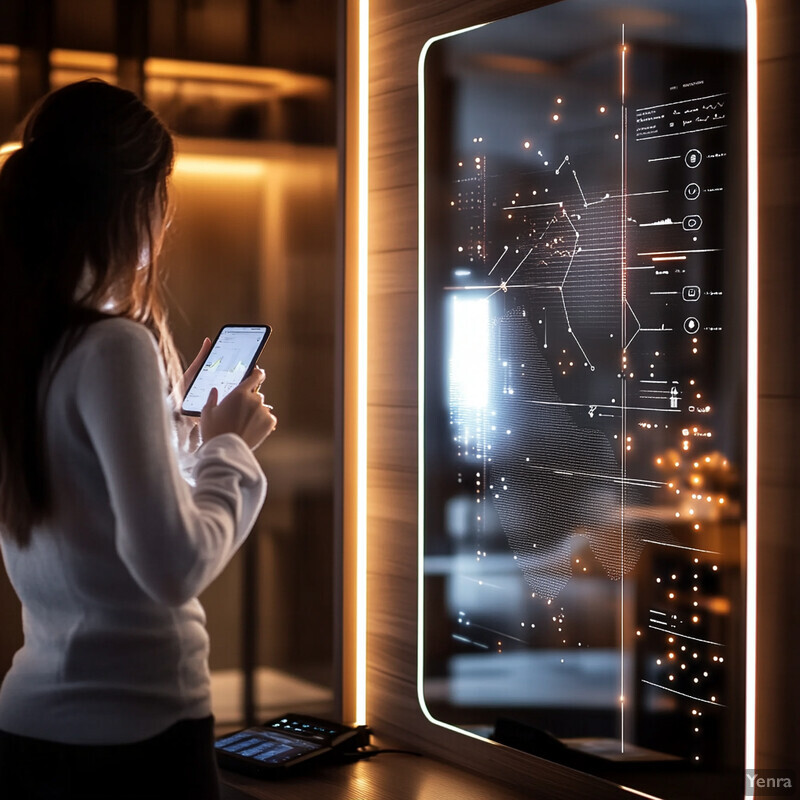 A woman is standing in front of a large screen displaying graphs and charts, holding her phone to take a photo or video.