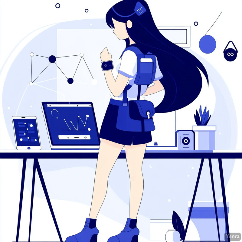 A young girl with long blue hair stands in front of a desk, surrounded by electronic devices and objects, engaged in some kind of learning or work activity.