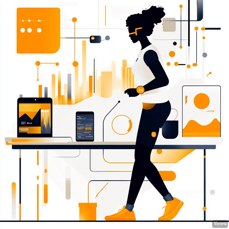 A woman walks in front of a desk with various devices and objects on it, conveying a sense of health and fitness.