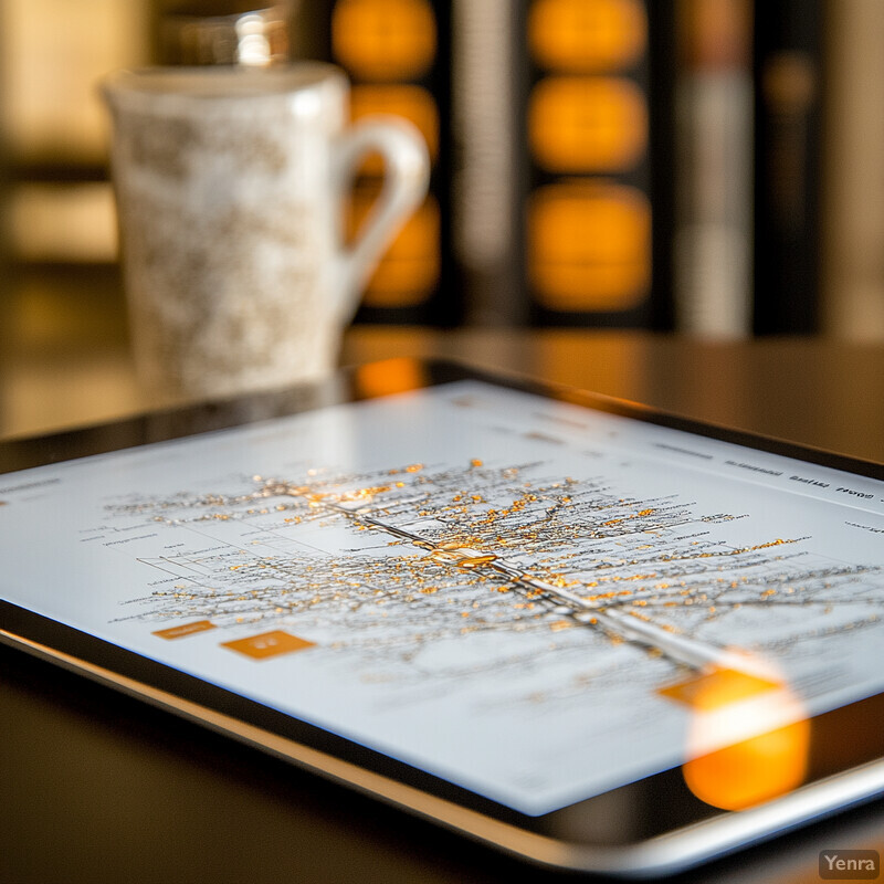 An iPad is placed on a table displaying a map with orange dots and a stylus pen.