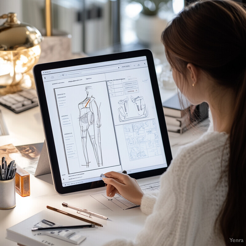 A woman is studying garment designs on a tablet while sitting at a desk.