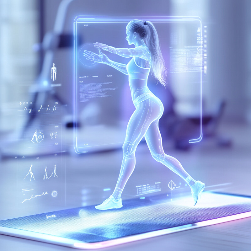 A woman in athletic attire stands on a glowing blue mat, surrounded by graphs and charts projected around her, suggesting a modern and high-tech approach to fitness.