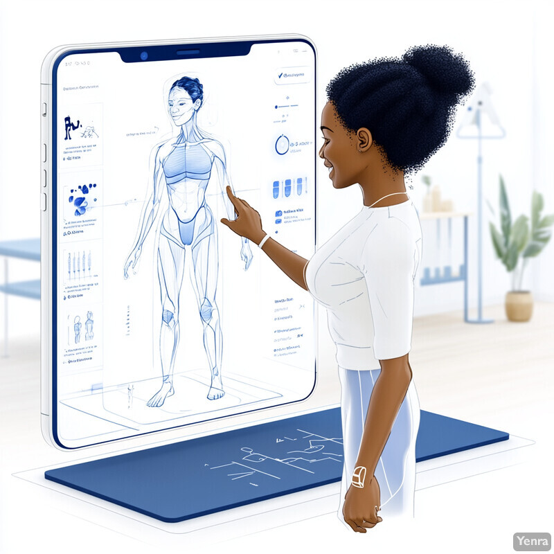 A woman stands in front of a large screen displaying an illustration of a female body with various blue lines and symbols overlaid on top.