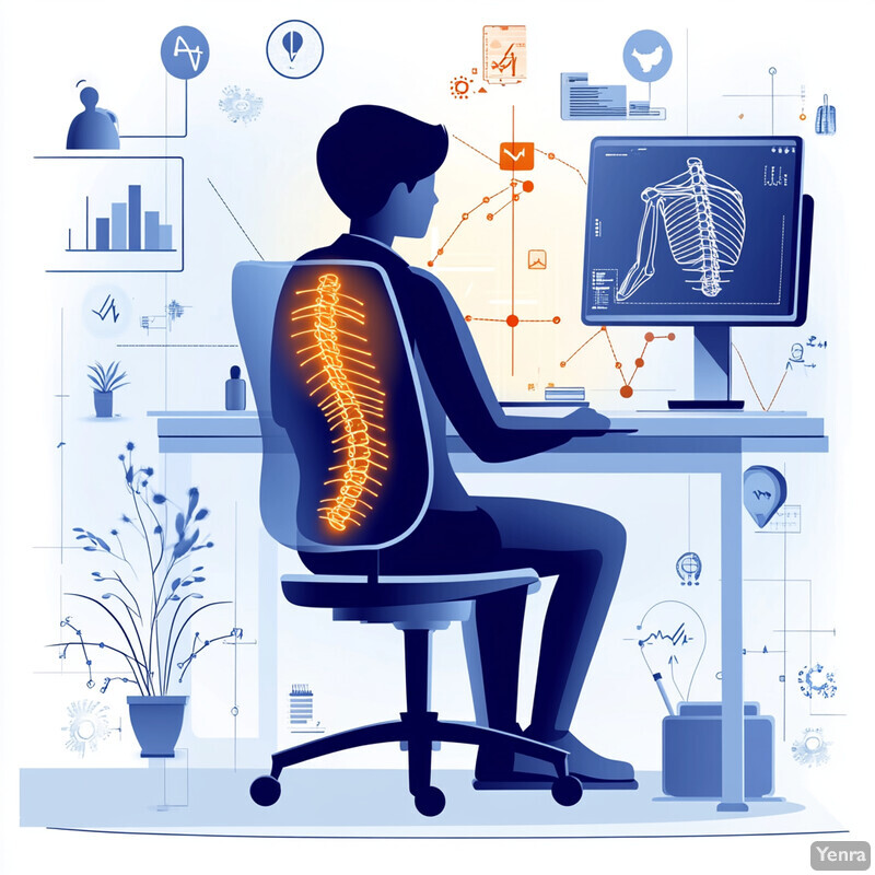 A person sitting at a desk in front of a computer monitor with a glowing orange spine visible on their back.