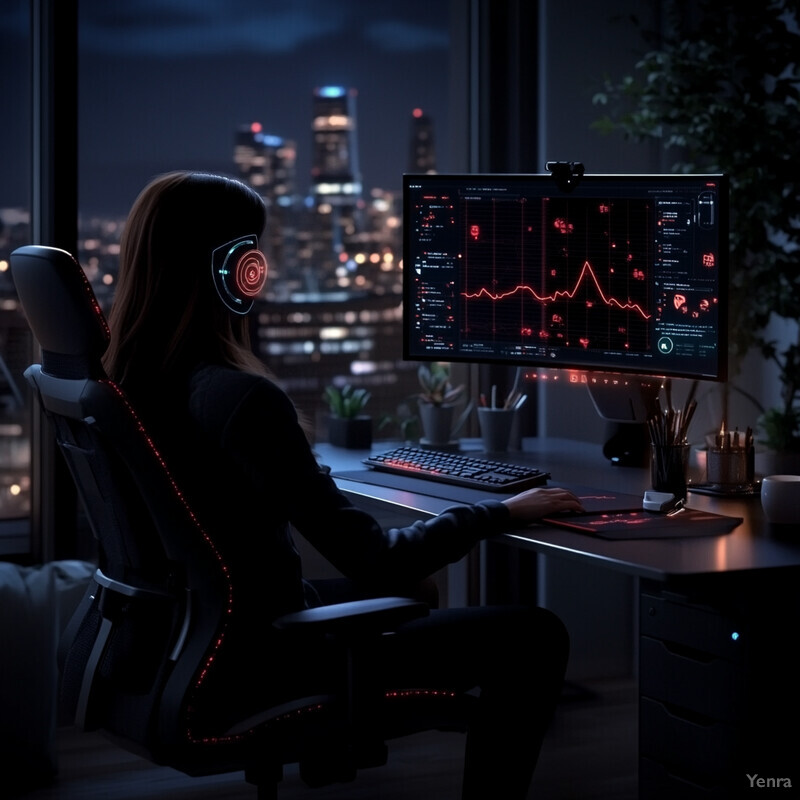 A woman sitting in front of a computer monitor wearing headphones.