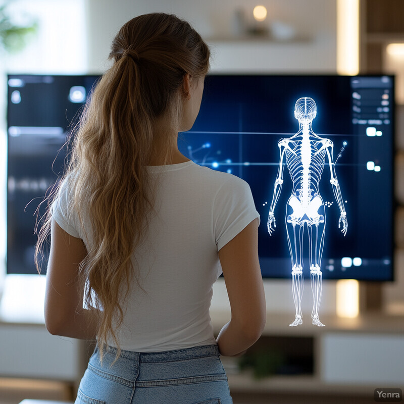 A woman examines a 3D model of a human skeleton on a large screen in an office or laboratory setting.