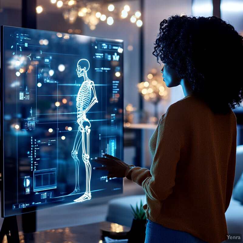 A woman stands in front of a large screen displaying an X-ray of her skeleton, surrounded by various graphs and charts.