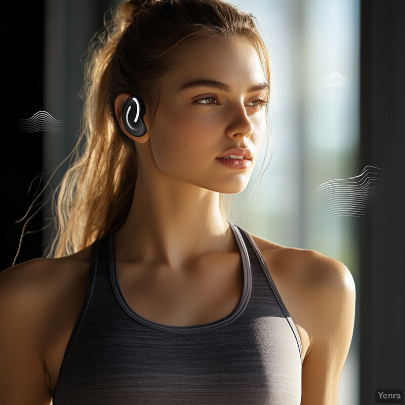 A young woman stands in front of a window, wearing earbuds and a gray tank top.