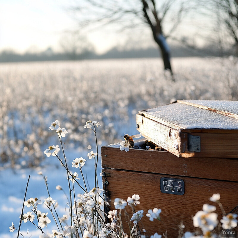 A serene winter scene with a beehive and snow-covered ground.