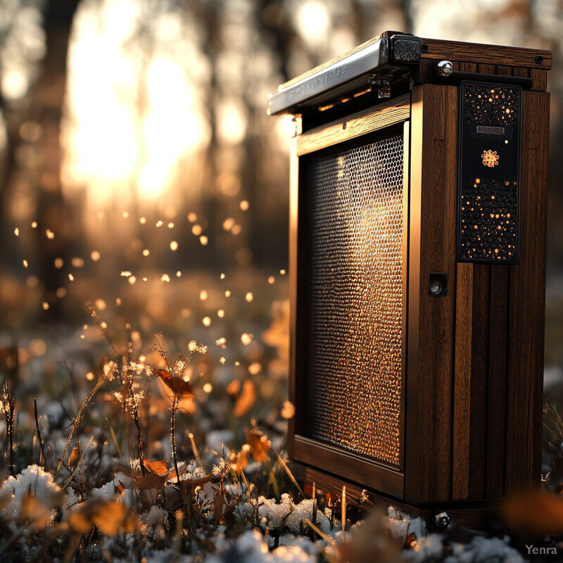 A device with a wooden casing and gold-colored metal mesh panel is placed in a snowy grassy area surrounded by trees.