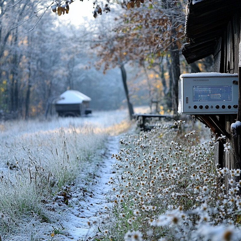 A serene winter scene featuring a wooden structure with an Adaptive Hive Climate Control sign and a winding path leading to it.