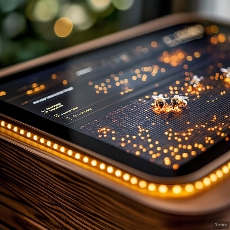 Automated Hive Health Monitoring system with a rectangular device featuring a black screen and gold-colored text and icons.