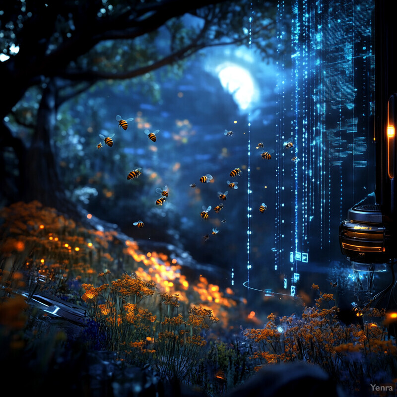 A peaceful forest scene at night, illuminated by soft blue light and featuring a cluster of orange flowers.