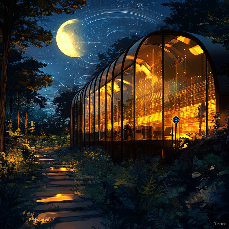 A glass greenhouse in a forest at night, illuminated by soft yellow lighting.