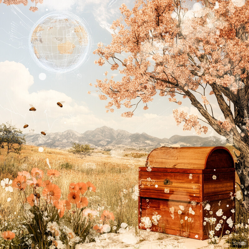 A peaceful outdoor scene with a wooden chest surrounded by flowers and trees in front of a mountain range.