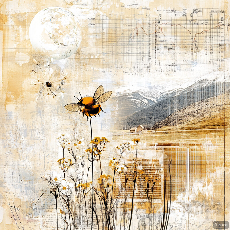 A collage of elements related to climate change impact modeling, including a bee, flowers, mountains, and graphs.