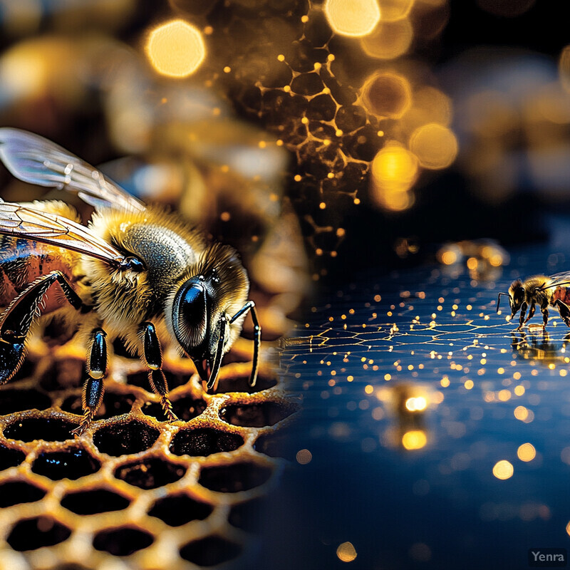 A close-up view of a bee on honeycomb in an indoor setting.