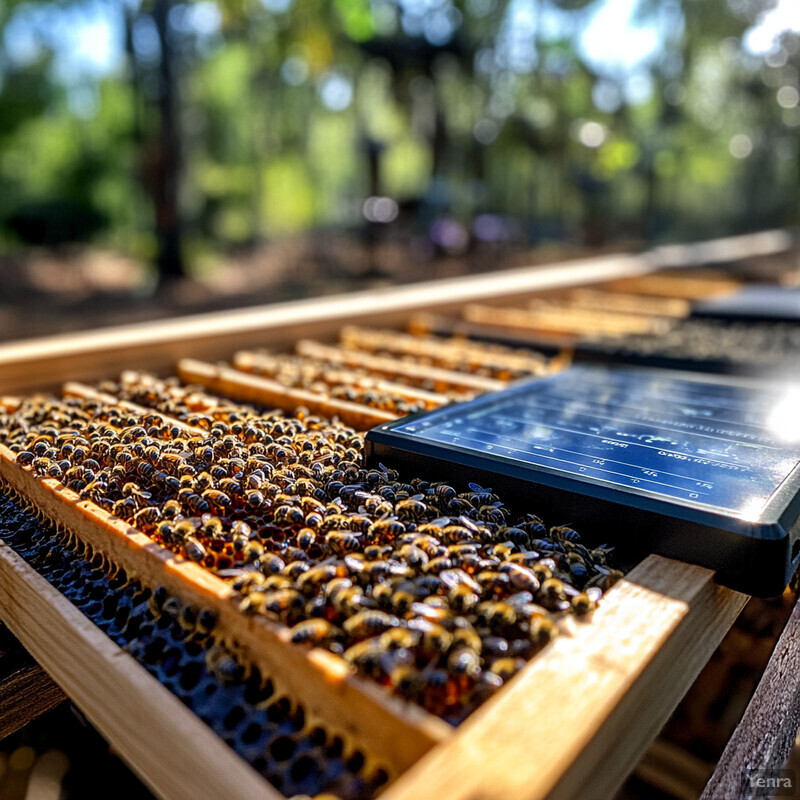 A wooden frame filled with bees and honeycomb cells in a beehive.