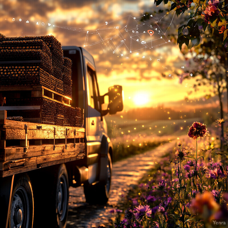 A peaceful scene of a truck carrying beehives along a cobblestone road at sunset.