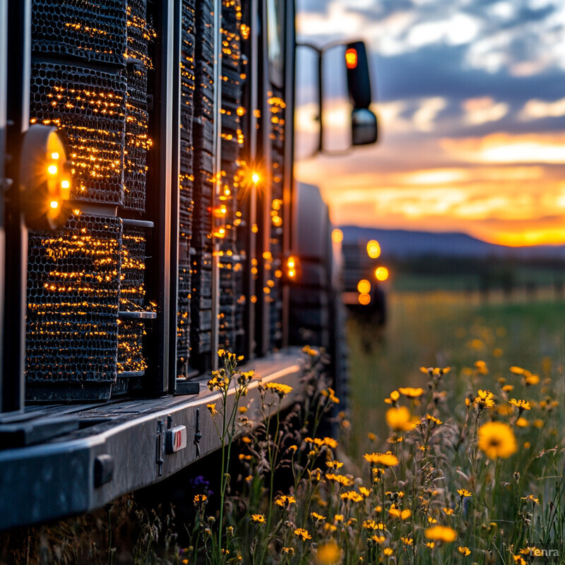 A train chugs along a field filled with vibrant wildflowers.