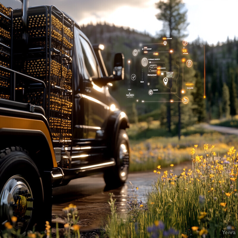 A black and yellow truck parked in front of a mountainous landscape.