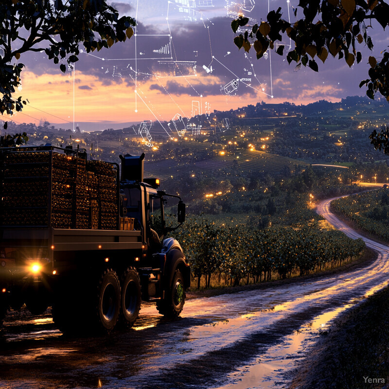 A tractor navigating a muddy road at dusk or dawn, surrounded by trees and bushes, set against an orange sky with purple clouds in the distance.