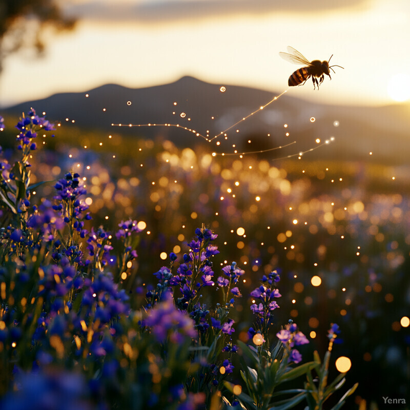 A bee flying above a field of purple flowers at sunrise or sunset.