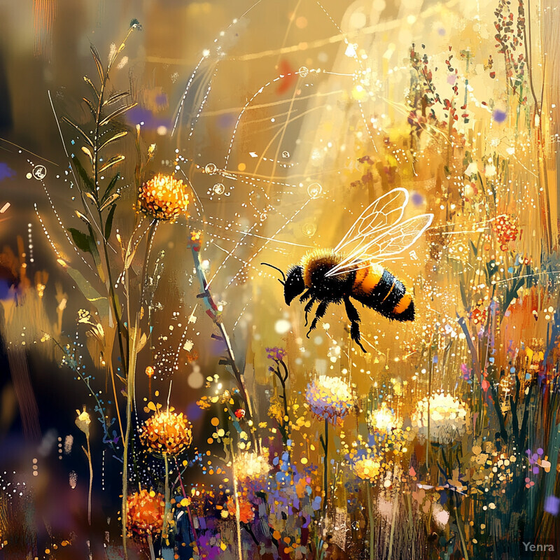 A bee flying above a field of wildflowers on a warm summer day.