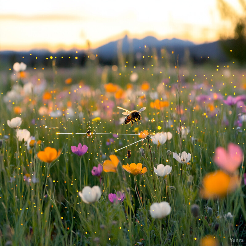 A bee flies over a field of wildflowers at sunset.