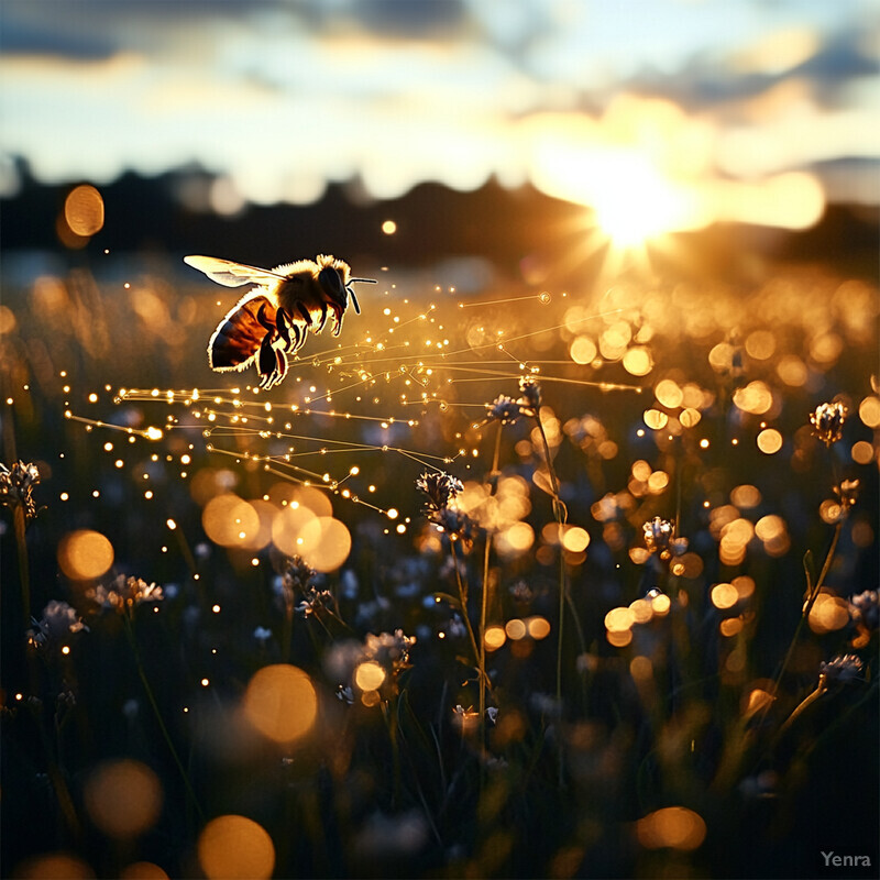 A bee collects nectar from a flower in an outdoor setting.