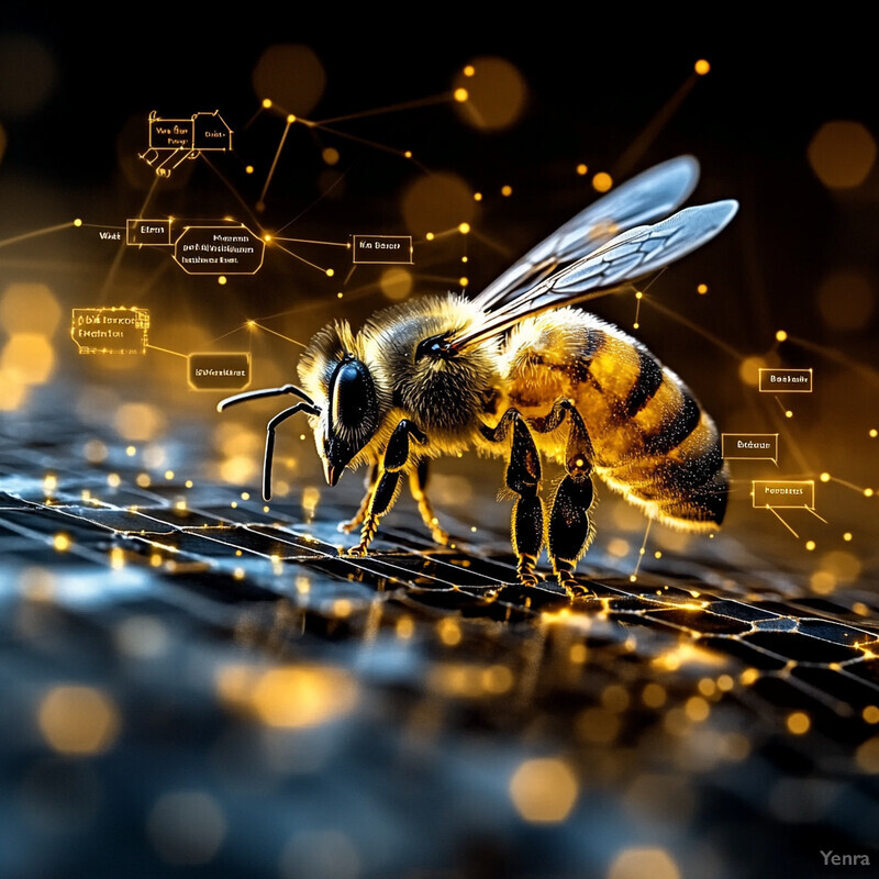 A bee stands on a honeycomb-shaped surface surrounded by a network of interconnected nodes and lines.