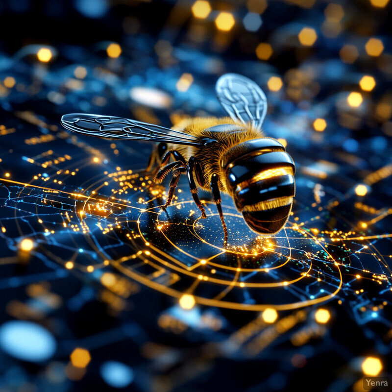 A bee hovers over a complex circuit board/computer chip-like background.