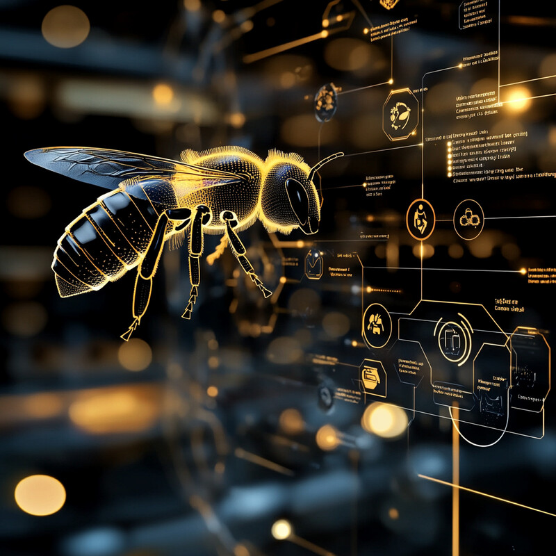 A digital illustration of a bee surrounded by icons and placeholder text, set against an abstract background.