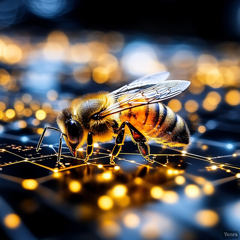 An illustration of a bee on top of a network diagram superimposed over a blue background with yellow dots.