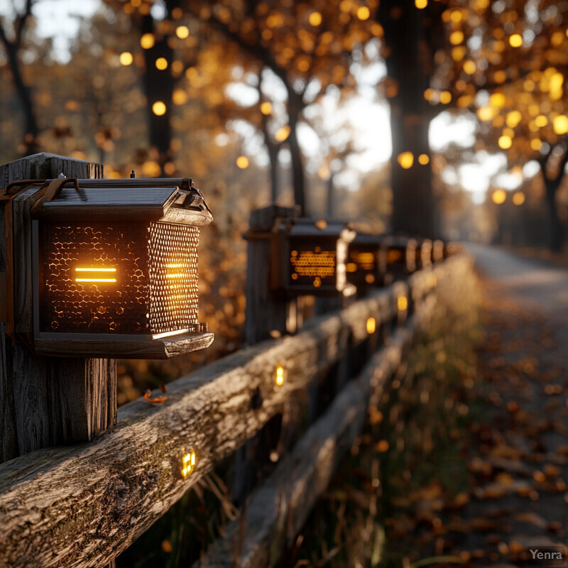 A tranquil autumnal scene with multiple lanterns placed along a wooden fence, creating a warm and inviting ambiance.