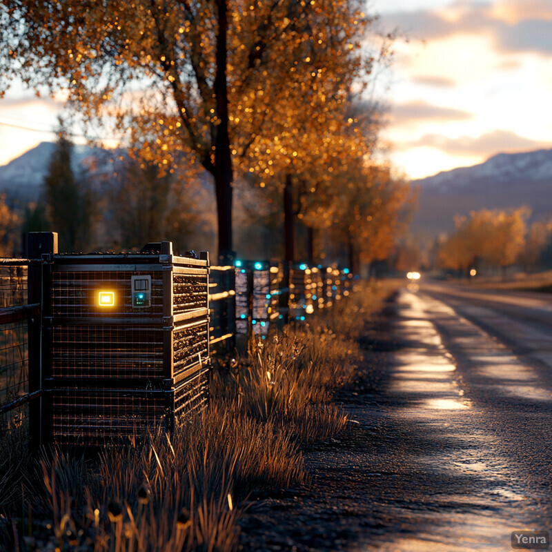 A rural road lined with trees and hills at sunset.