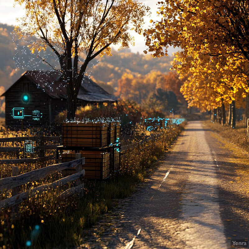 A peaceful autumnal scene with a dirt path winding through a golden grass field and vibrant orange trees.