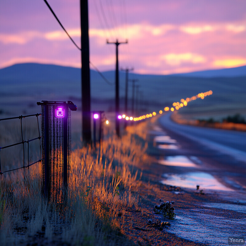 A rural road with utility poles and a fence in the background, set against a purple sky.