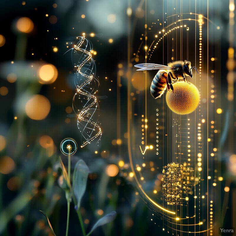 A bee flying over a field of flowers in an outdoor setting.