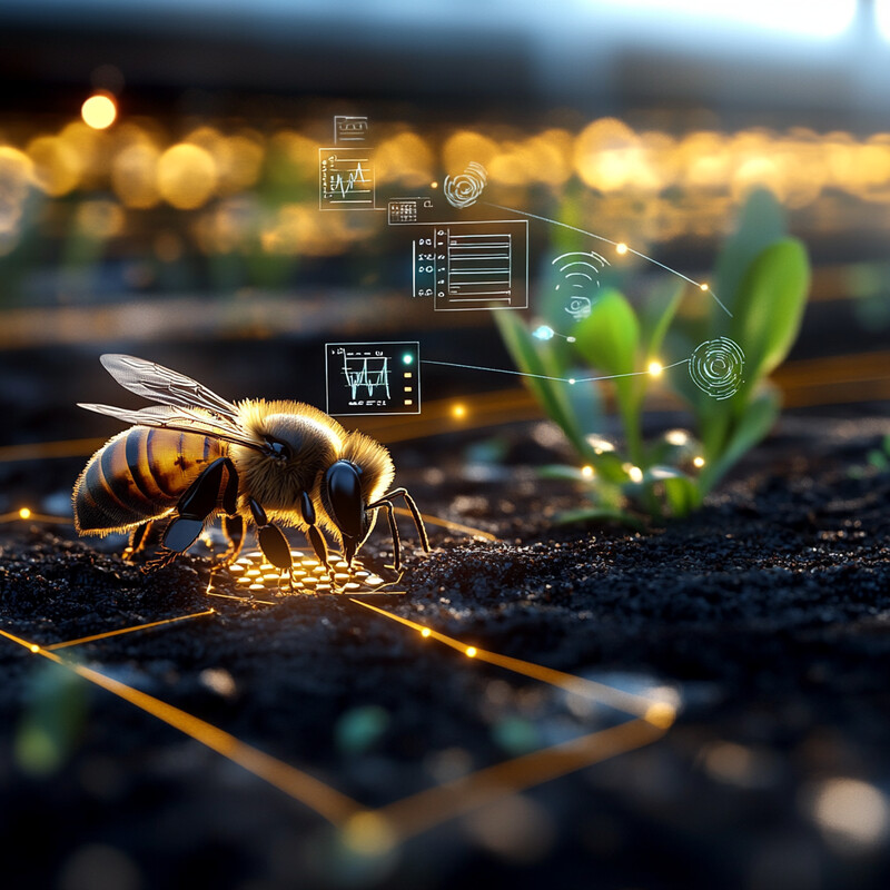 A bee is shown collecting nectar from plants on the ground, surrounded by overlaid graphics and text.